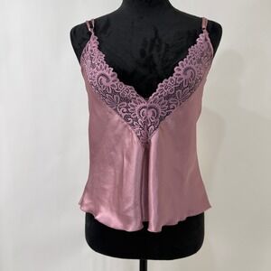 Satin Lace Trim Camisole Tank Top Womens Size Medium Mauve Pink Coquette